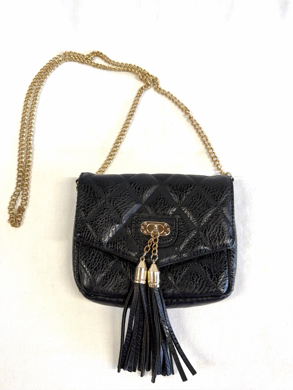 Black Quilted Double Tassel Gold Chain Crossbody Shoulder Bag